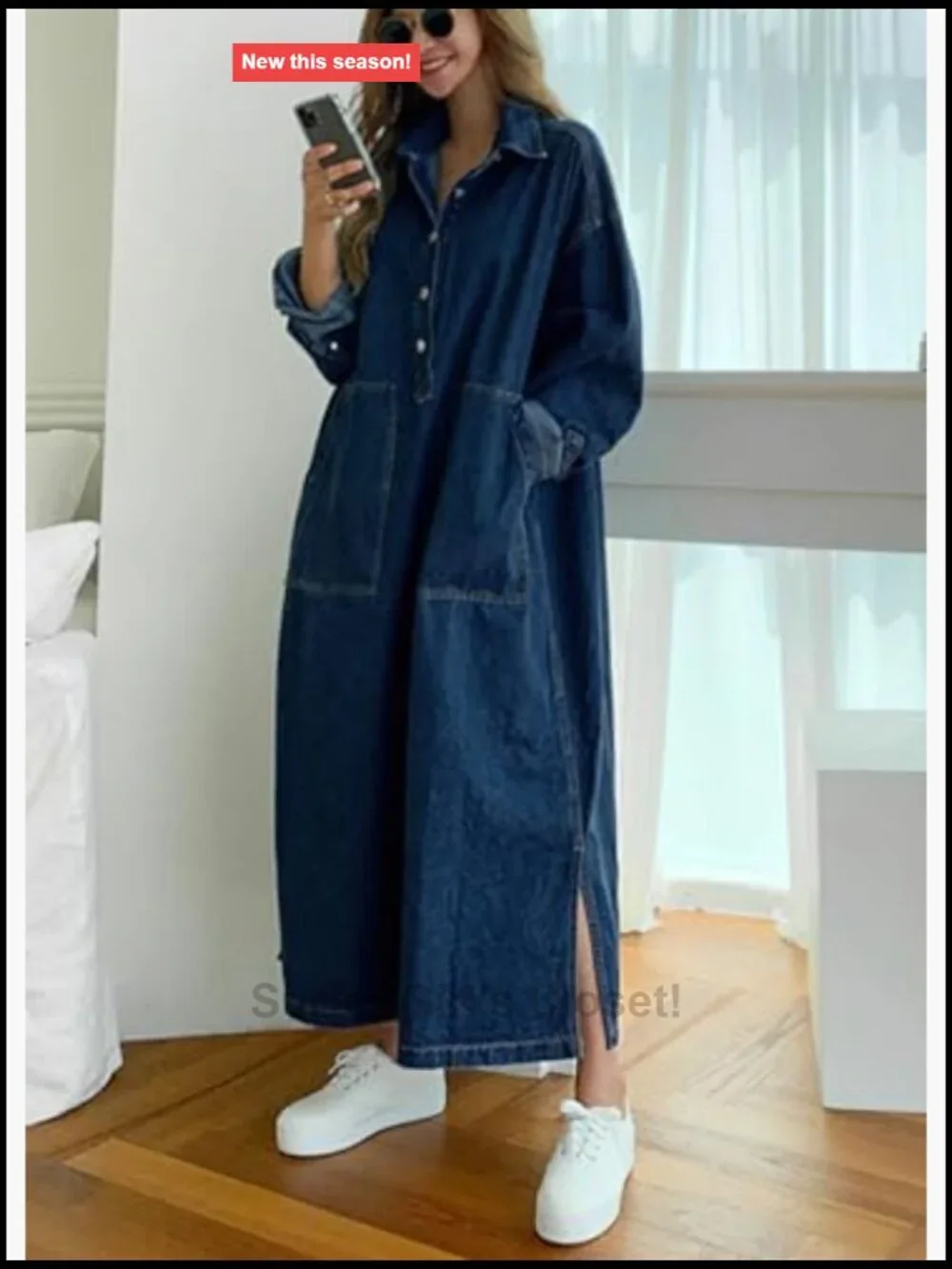 Women's Casual Maxi Denim Dress Long Sleeve Button Down Jean